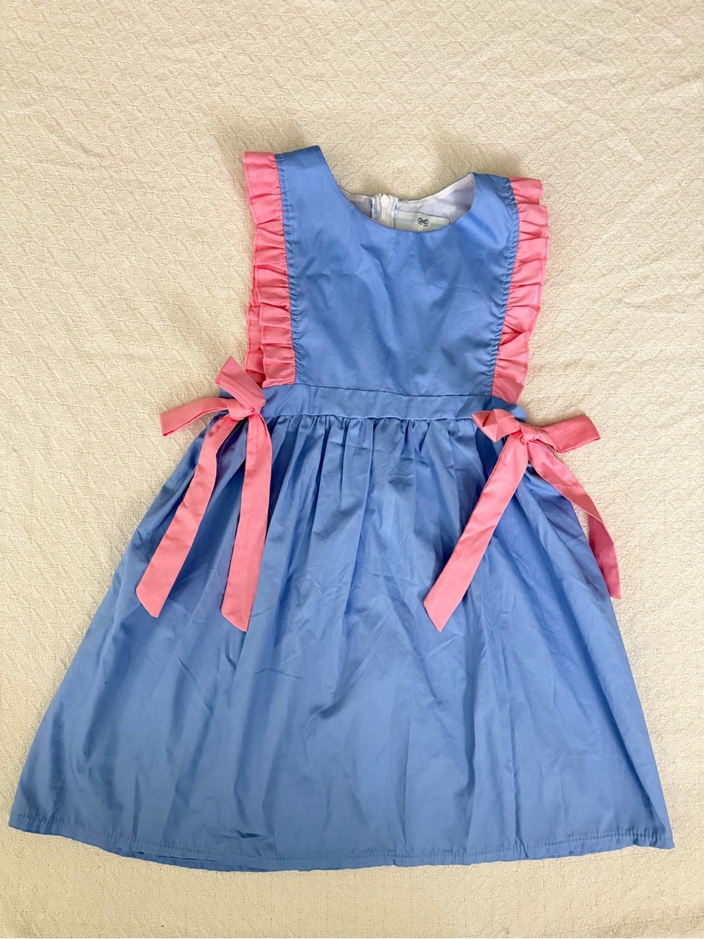 City Beautiful Children’s Boutique Blue Apron Dress Pink Ruffle Trim and Bows